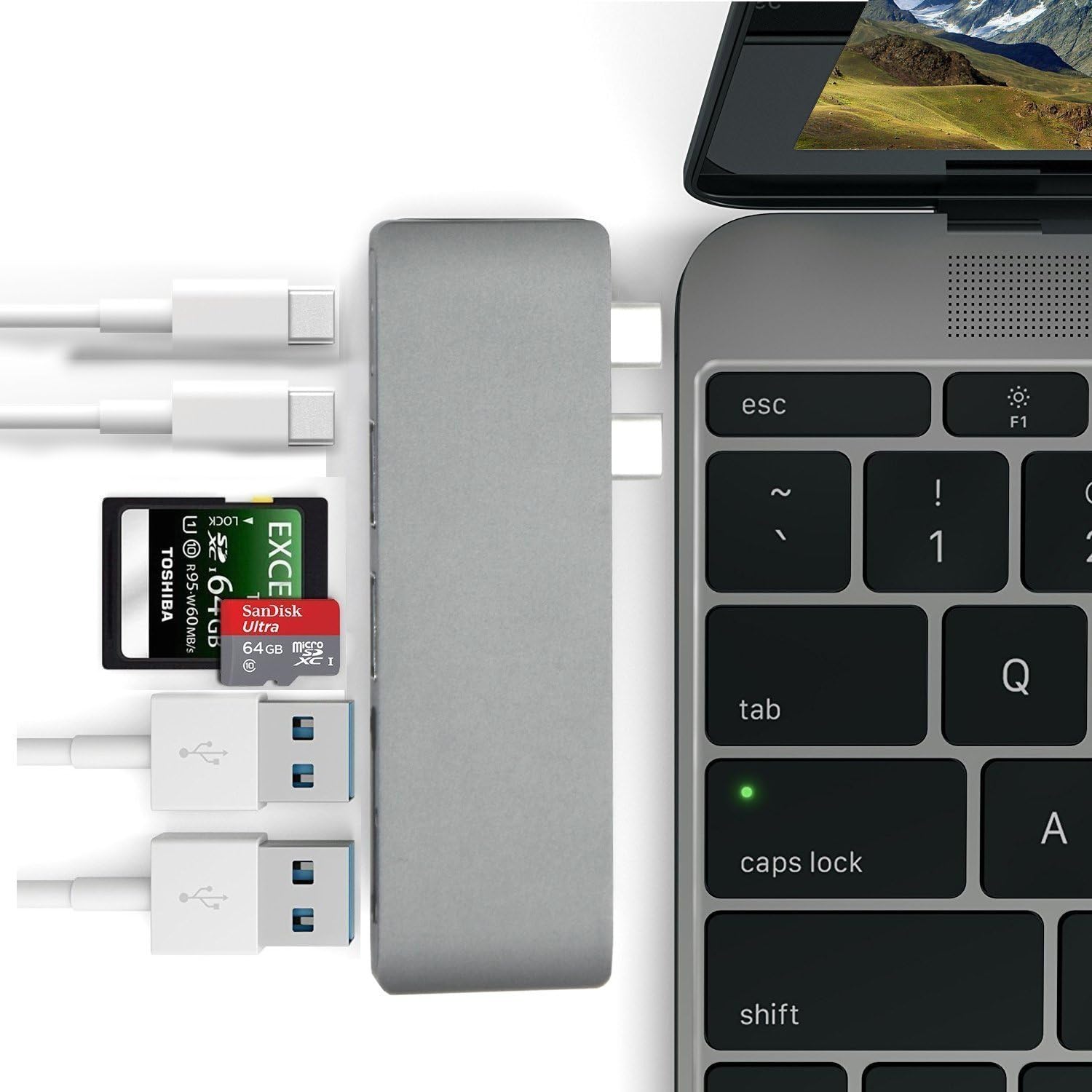 Homate Aluminum USB-C Hub Adapter with 40Gbs Thunderbolt 3, Pass-Through Charging, SD/Micro Card Reader Slot and 2 USB 3.0 Ports for Macbook Pro 13โ and 15โโ(Space Gray)