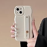 FABSPARK Phone Case for iPhone 14 with Flexible Adjustable Soft Finger Hand Wrist Strap Holder Kickstand,Wave Design Wavy Frame Silicone Aesthetic for iPhone 14 Phone Case,Beige