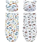 Dizila 2 Sets Adjustable Soft Cotton Blend Newborn Infant Baby Girl Boy Receiving Swaddle Blankets Sleep Sacks with Matching Nursery Hats Caps Beanies Bonnet (Set 7)