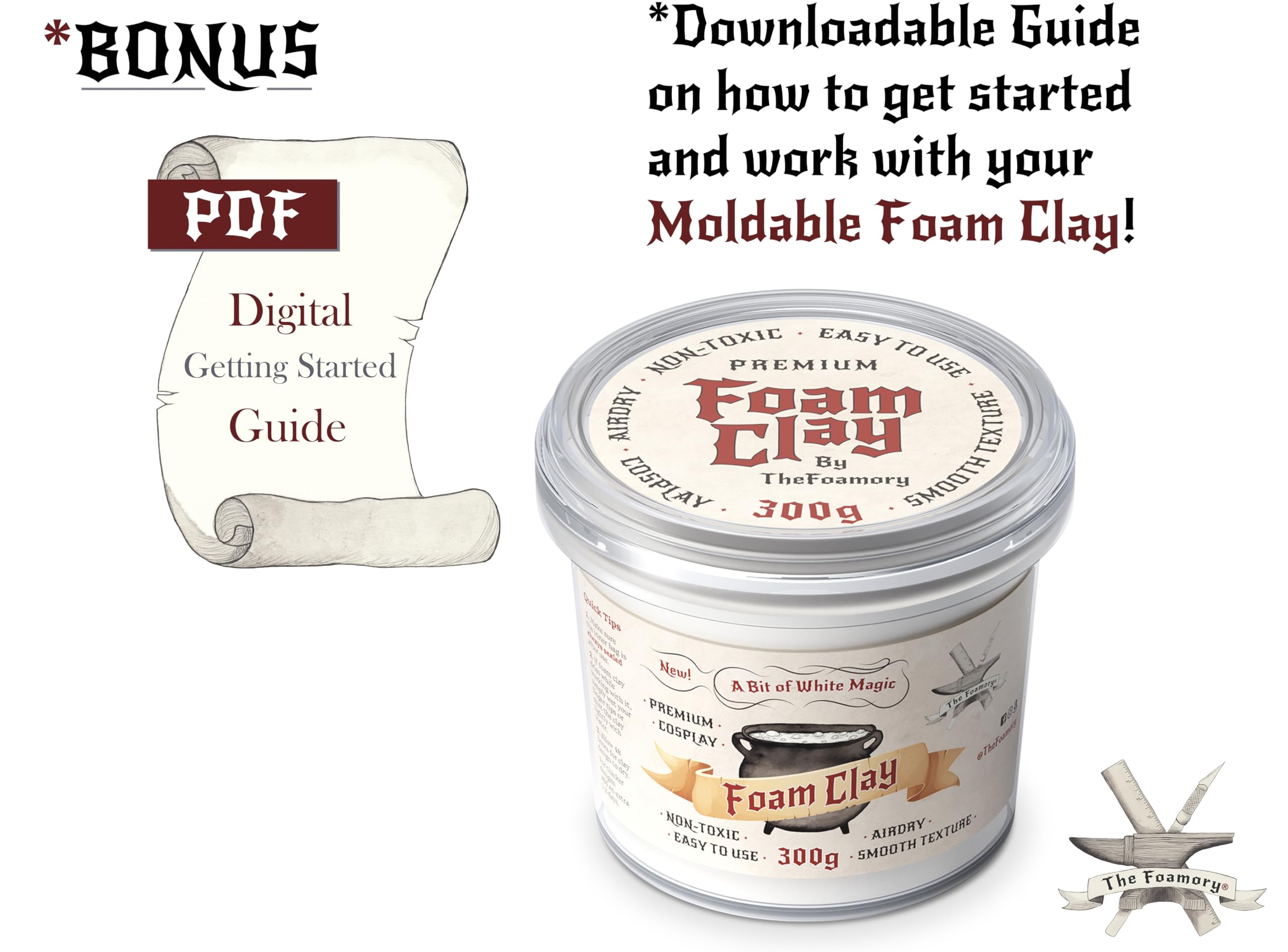 The Foamory Moldable Cosplay Foam Clay (300g White) High Density Air Dry Clay, EVA Foam Sands Paints Easily, Non-Toxic Safe for Kids, Adults & Crafts