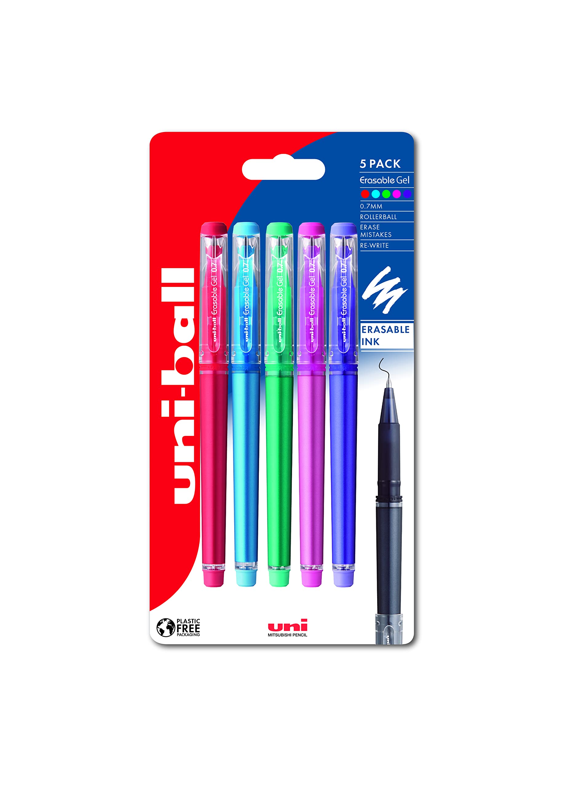 uni-ball UB-222-07 Erasable Rollerball Gel Pens. Premium 0.7mm Ballpoint Tip for Super Smooth Writing, Drawing & Colouring. Easy-Retract Eraser for Secure and Stable Rubbing Out. Pack of 5 multicolor