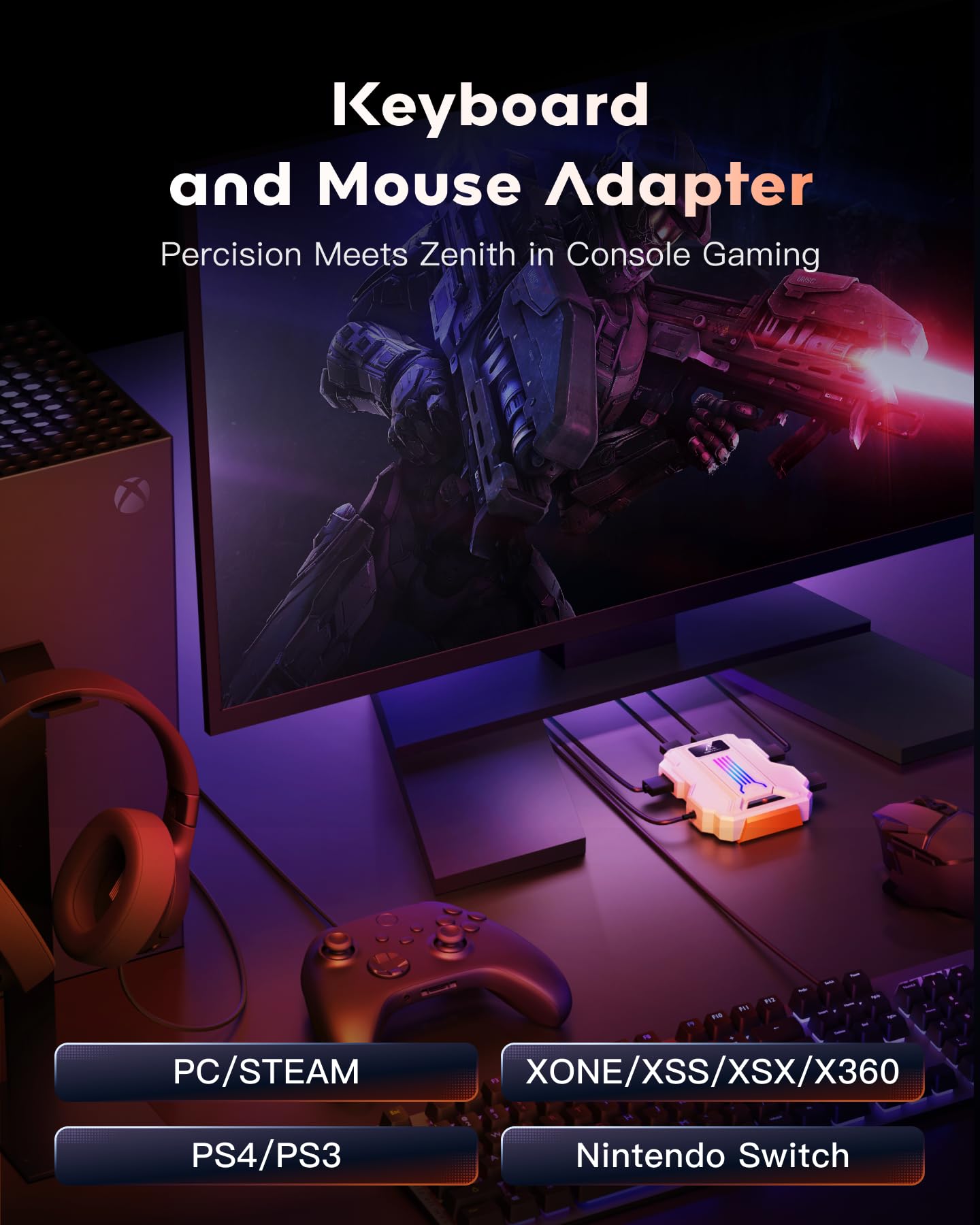 AIMZENIX Keyboard and Mouse Adapter for NS2, PS4, PS3, Switch, Xbox Series S/X, Xbox One, Xbox 360 - Striker PRO Supports Headset, APP Real-time Adjustment, White [Latest Version: 3016]