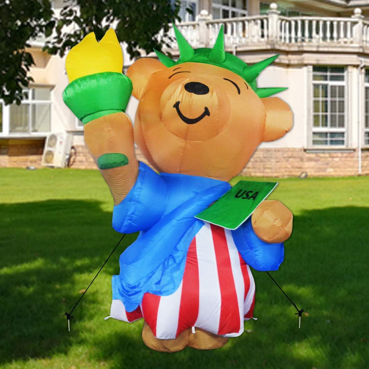 GOOSH 6 ft Tall Patriotic Independence Day Inflatable American Bear with Torch and USA Book Blowup Inflatables with Build-in LED Lights for Party Indoor,Outdoor,Yard,Garden,Lawn Decorations: Garden & Outdoor