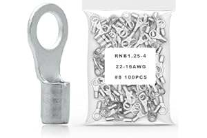 DQLIOWUO 100Pcs #8 Non-Insulated Ring Terminal,22-16 AWG Red Copper Wire Connectors,O-Type Crimp Connector Terminal Kit
