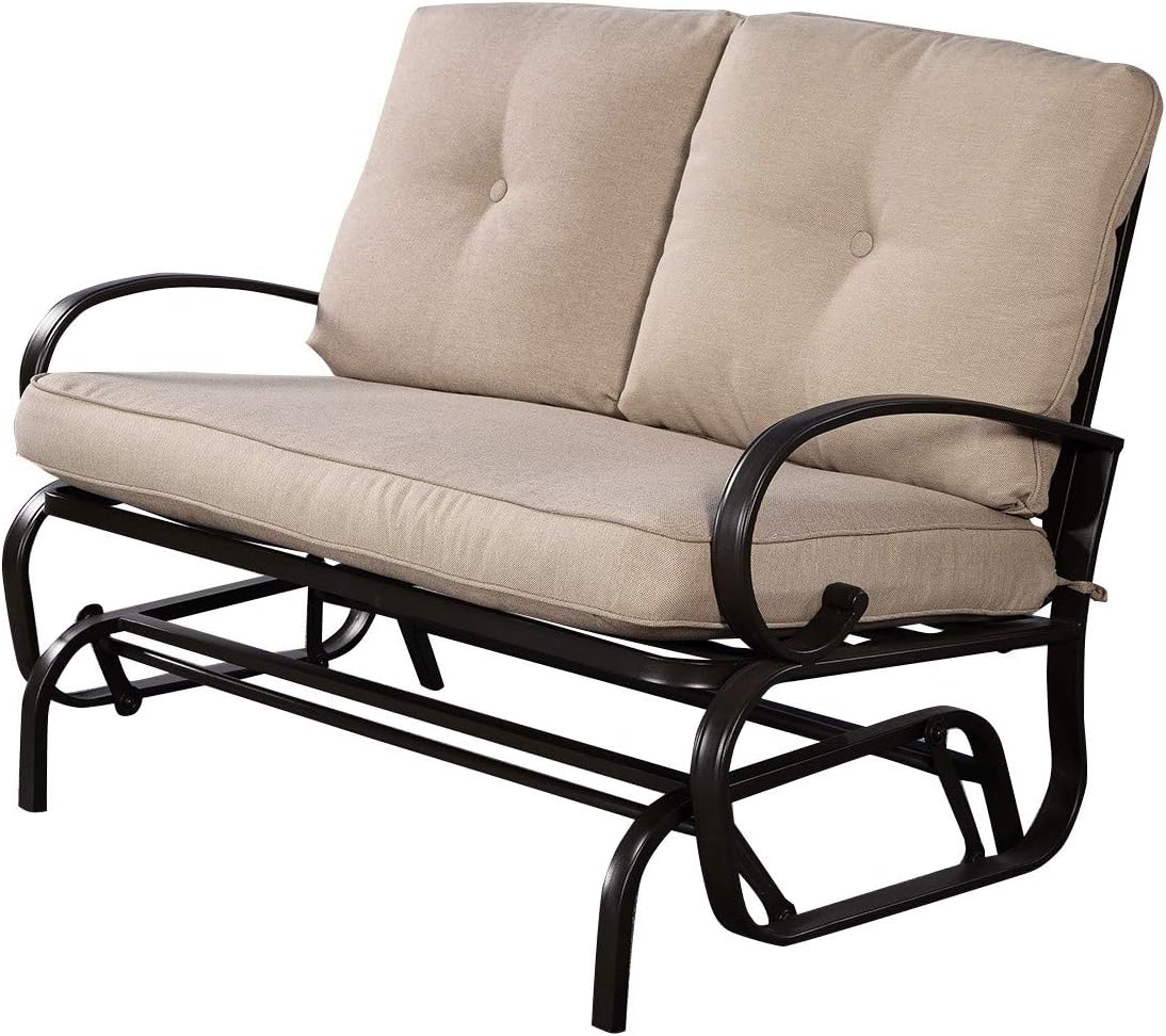 LHONE Outdoor Patio Cushioned Rocking Bench Glider 2 Person Lounger Loveseat Seats Steel Frame Furniture 2 Garden Cushion Swing Porch Seats Chair Yard (Beige)