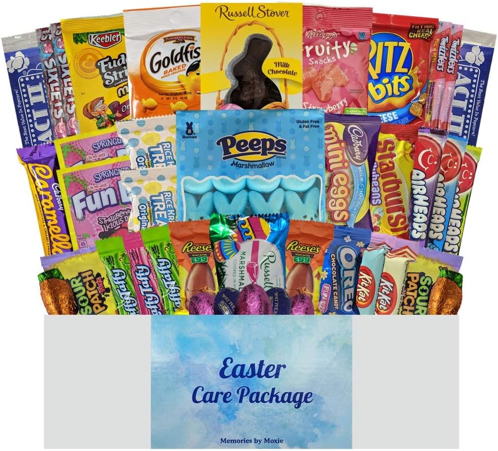 40 CT Easter Basket Care Package for College Students, Men, Women, Kids, Teen or Adult - Gift Box Filled with Easter Grass, Snacks, Chocolate, Candy and Cookies - Girl or Boy Gifts (Bundle 40 Items)