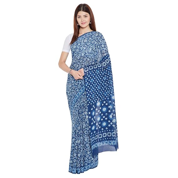 Finest Quality Cotton - Handmade Indigo Double Dabu print - Block Print Saree with Blouse Piece BAPASA0080