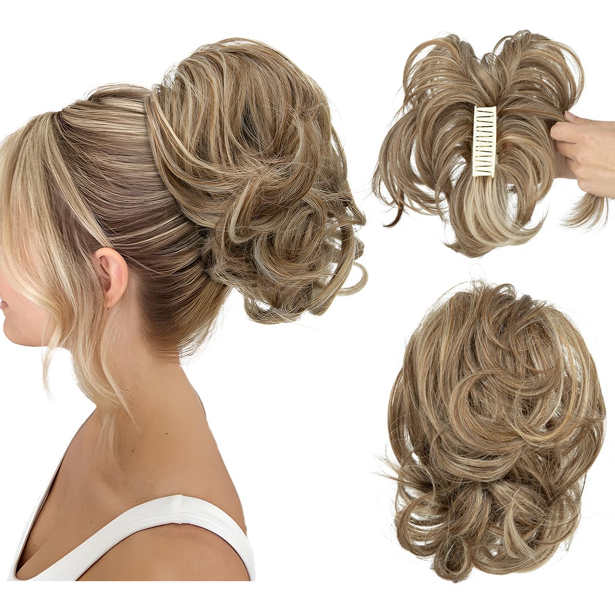 Photo 1 of CJL HAIR Claw Clip Short Ponytail Hair Extensions DIY Bendable Metals Messy Bun Hair Piece for Wonen Wavy Curly Synthetic Fake Hairpieces Beige Multi