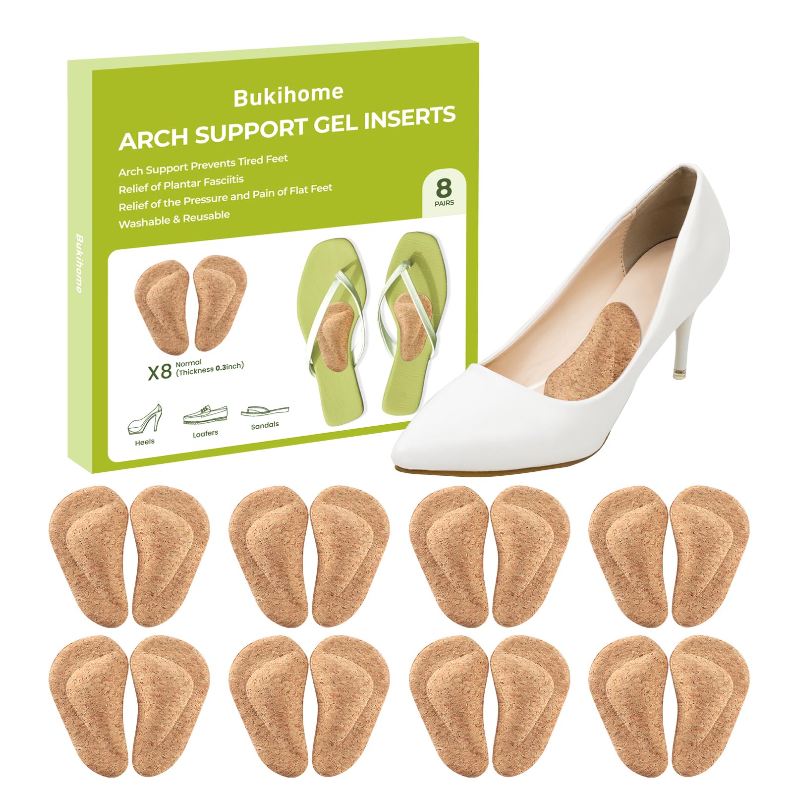 Photo 1 of Arch Support Shoe Inserts & Insoles - Bukihome Gel Arch Inserts for Flat Feet, Plantar Fasciitis - Adhesive Arch Pad for Foot Pain Relief - All Day Comfort - 0.47 Inch - 8 Pairs (Cork)