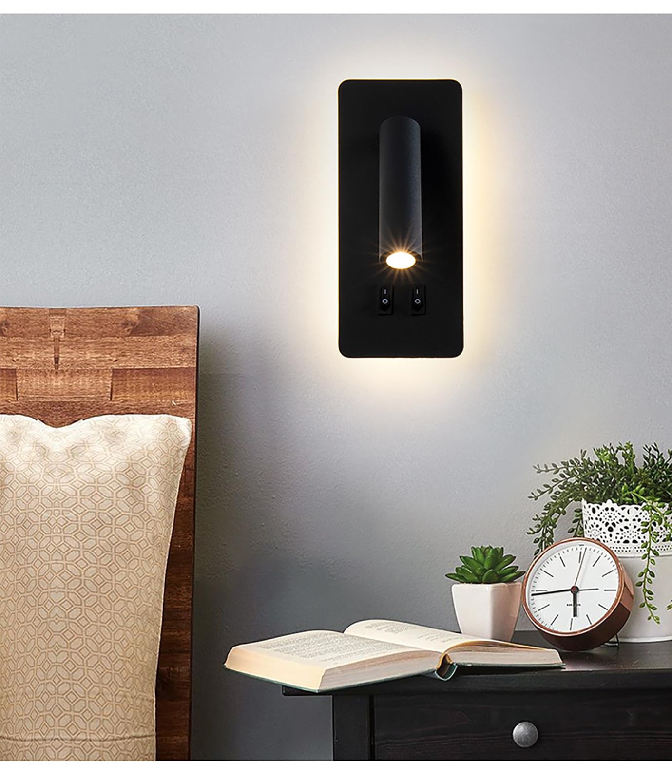 GUSGL Modern Plug in Wall Sconce，Bedroom LED Wall Mounted Reading Lights Adjustable 3W Spotlight +6W Background Light 3000K