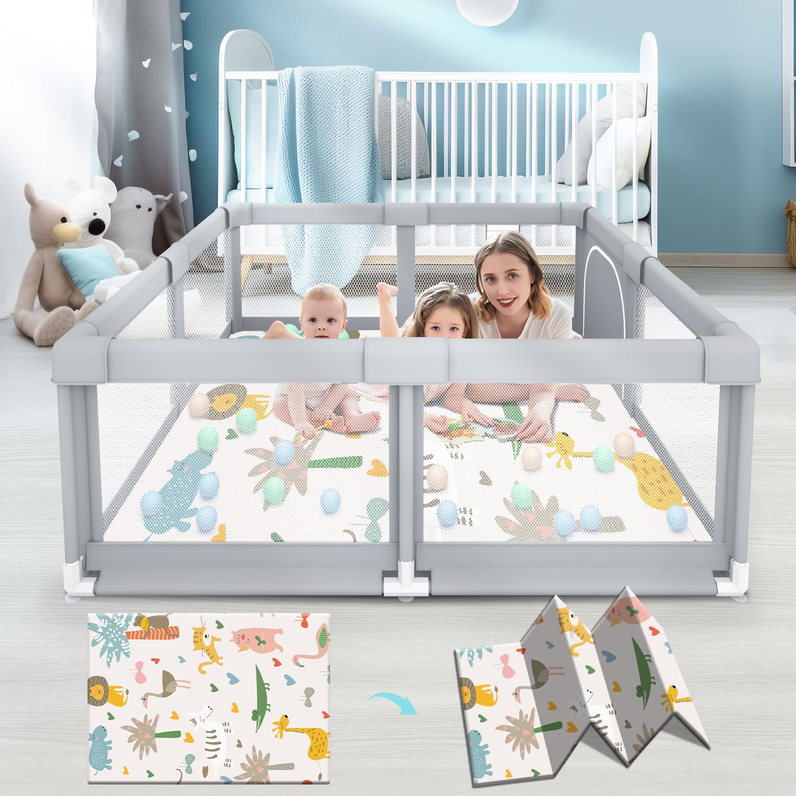 Photo 1 of Fshibila Baby Playpen with Mat, Baby Playpens for Babies and Toddlers, BabyFence Play Pen for Indoor & Outdoor, Sturdy Safety Play Yard with Soft Breathable Mesh, 50 * 50 * 27 inches Grey