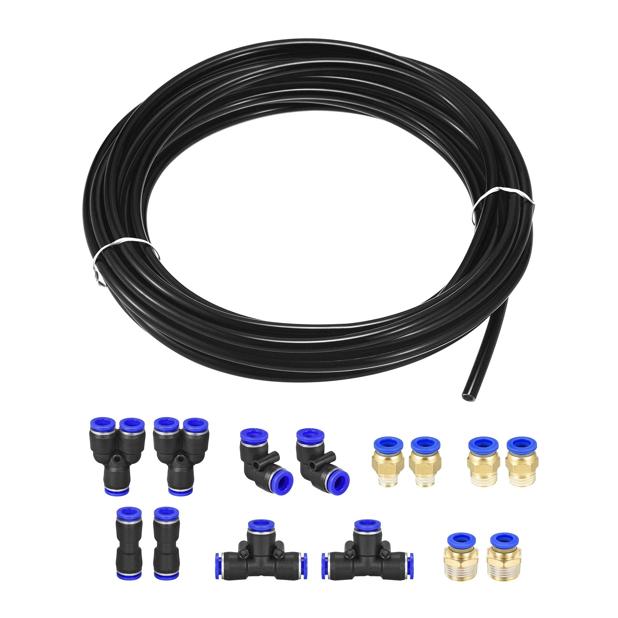 sourcing map Pneumatic Air Hose Tubing PU Air Compressor Tube 5mmID x 8mmOD x 10m Pipe Black with 7 Type Connect Fittings