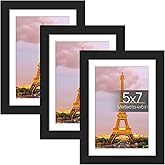 upsimples 5x7 Picture Frame Set of 3, Made of High Definition Glass for 4x6 with Mat or 5x7 Without Mat, Wall and Tabletop Display Photo Frames, Black