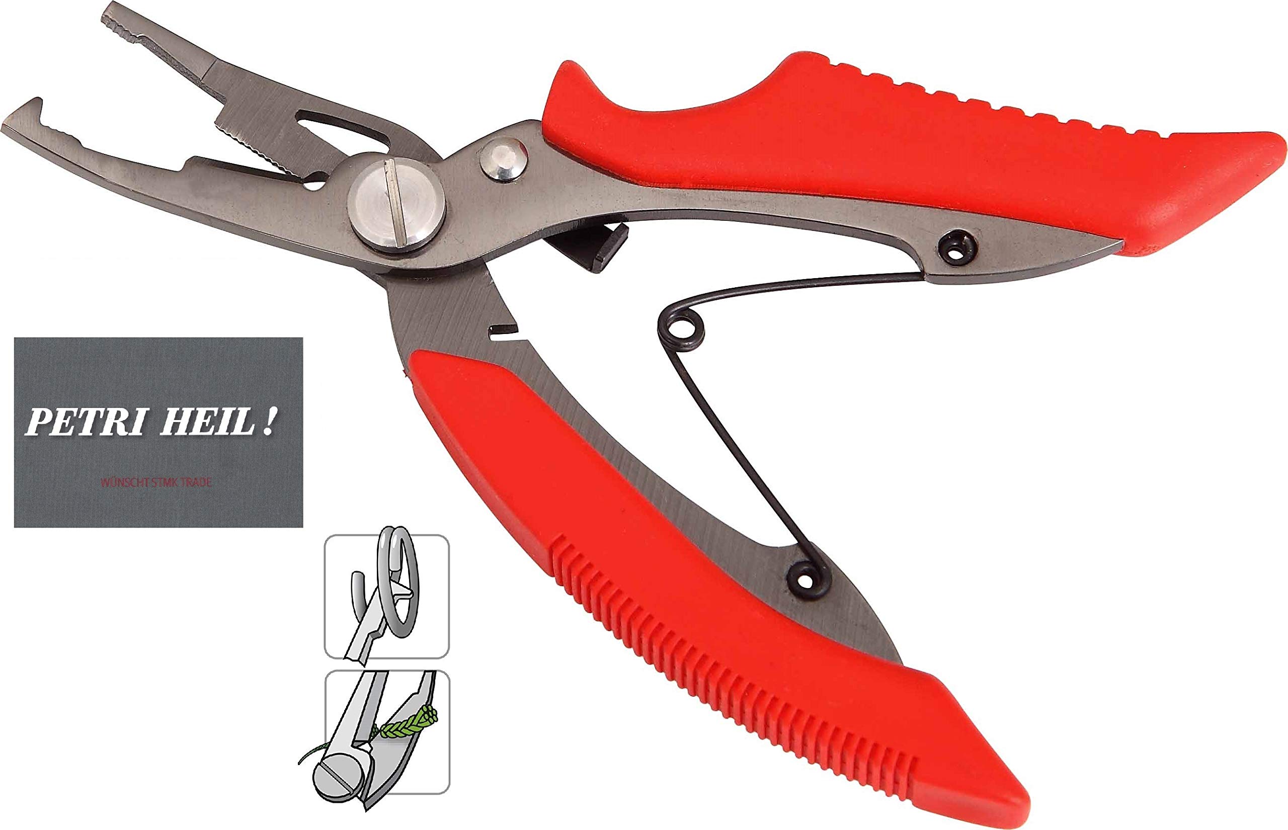 A pair of scissors for braided cord and snap ring pliers, split ring pliers approx. 13 cm + free Petri Heil! sticker.