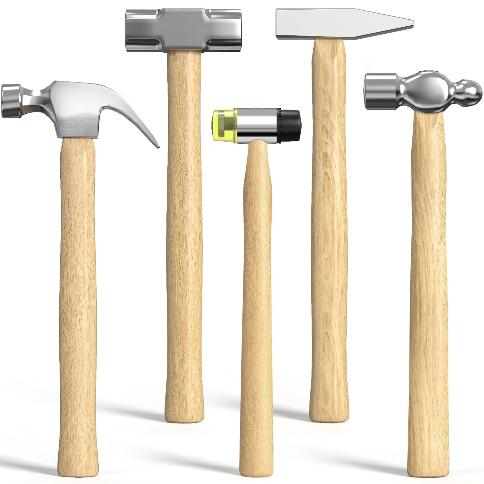Photo 1 of (PARTIAL SET) (USED/FAIR) TOYIEW 5Pcs Hammer Set, Forged and Polished Steel Head, long Wood Handle, 12oz Claw Hammer, 12oz Ball Peen Hammer, 21oz Sledge Hammer, 9oz Cross Peen Sheet Metal, 6oz Double-faced Mallet