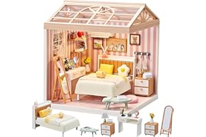 Qudify DIY Play Miniature Bedroom Kit – 82Pcs 1:20 Scale Cozy Dollhouse Room Toy with LED Light & Blister Packaging, Connectable Tiny House Model for Kids 8+ & Teens