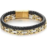COOLSTEELANDBEYOND Mens Stainless Steel Silver Gold Byzantine Chain Black Braided Leather Two-Row Bracelet