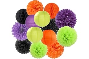 Black-Orange Purple Green Halloween Party-Decorations - 14pc Kit Paper Lanterns Fan,Tissue Flower Pom Poms Streamers,Honeycomb Balls,Birthday Supplie Wedding Baby Bridal Shower Decor Lasting Surprise