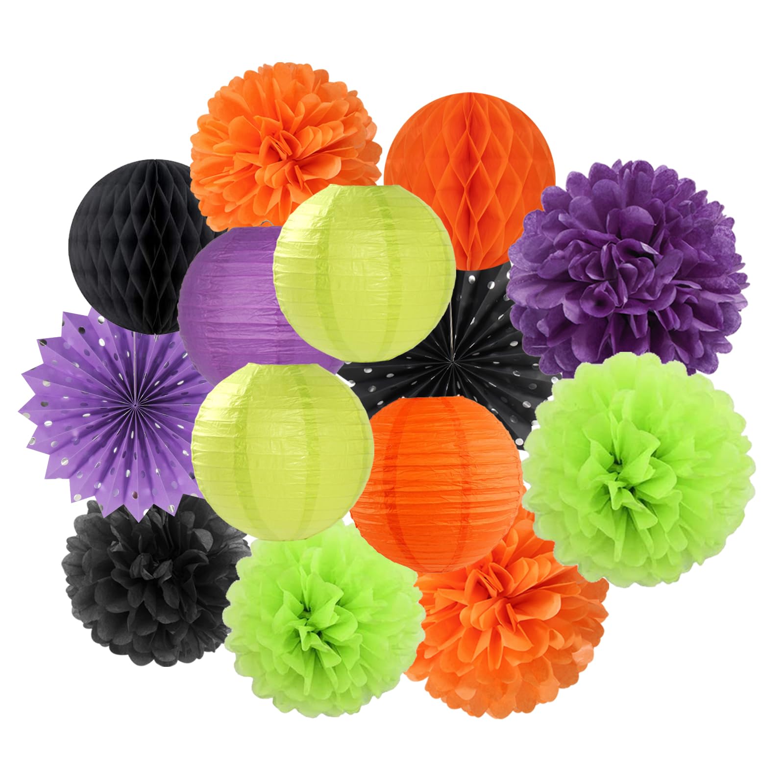 Photo 1 of Black-Orange Purple Green Halloween Party-Decorations - 14pc Kit Paper Lanterns Fan,Tissue Flower Pom Poms Streamers,Honeycomb Balls,Birthday Supplie Wedding Baby Bridal Shower Decor Lasting Surprise