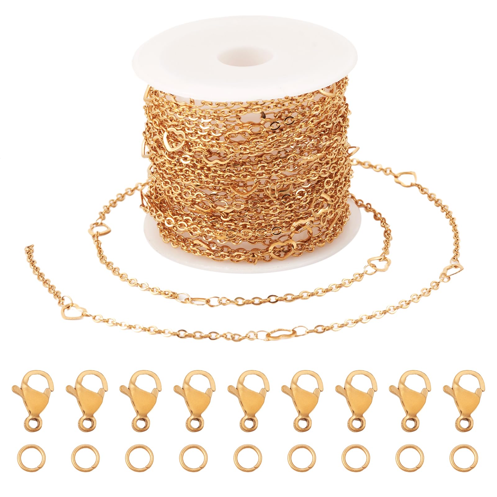 Bestewelry 5m Stainless Steel Chain for Jewellery Making Heart Link Chains Necklace Chain with Jump Ring Lobster Claw Clasps for Men Women Bracelet DIY Jewelry Making