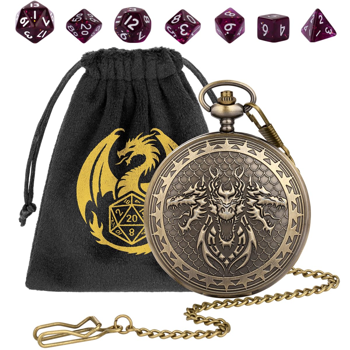 D&D 3 Dragon Head Mini Dice Set, Steampunk Bronze Pocket Watch Shell Case, 7pcs Polyhedral Acrylic DND Dice, Gift with Dragon Bag, RPG Tabletop Games Accessories, DND Starter Set, Purple Dice — image 1