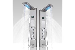 Votamuta Shower Panel Brushed Nickel Shower Tower LED Rainfall Waterfall Shower Head System with Rain Massage Jets Wall Mount