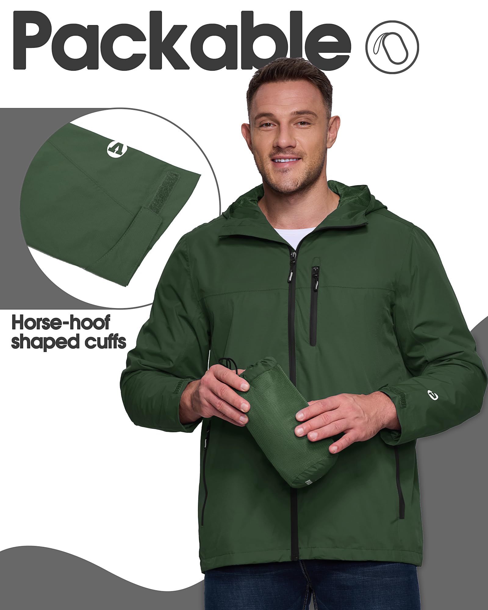 Outdoor Ventures Regenjacke Herren Wasserdicht Atmungsaktiv, Packbar Fahrrad Jacke Leichte Windbreaker zum Freizeit Wandern Camping Dunkelgrün/Schwarz L 6