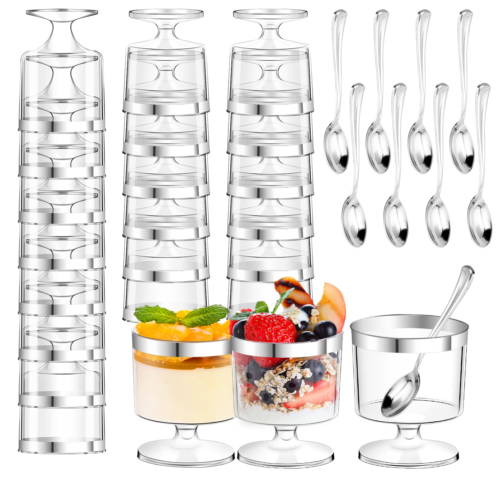 Photo 1 of DI QIU REN 120 Pcs 5oz Dessert Cups with Golden Spoon, Plastic Dessert Parfait Cup Clear Appetizer Pudding Cup, Round Serving Goblet Cups Shot Glasse (Round Goblet with SIlver Rim-60Pack)
