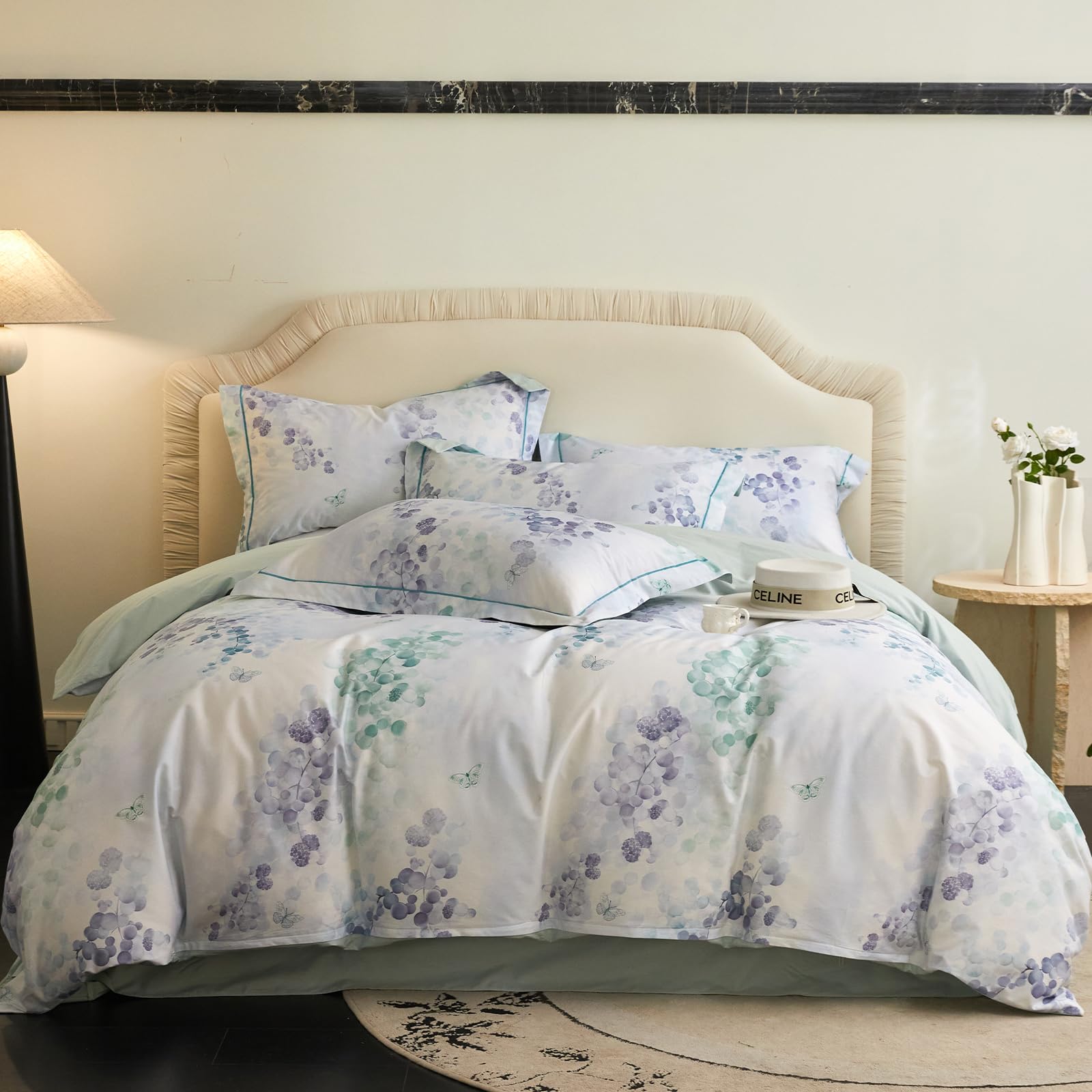 VM VOUGEMARKET Green Purple Duvet Cover Set Queen,3 Pieces Branch Leaves Duvet Cover with 2 Pillow Shams 100% Cotton Botanical Bedding Set-Queen,90x90 Inch Image