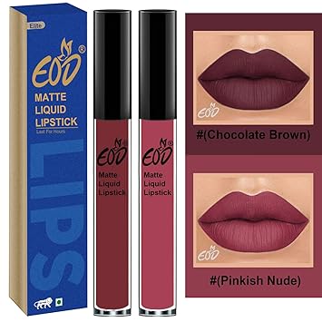 EOD Elite Collection Long Lasting Waterproof 100% Vegan Made in India Matte Liquid Lipstick Combo of 2 Lip Gloss(Chocolate Brown, Pinkish Nude)
