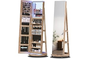 HWB 360° Swivel Standing Full Length Mirror Jewelry Cabinet with Lights, Jewelry Armoire Storage with Mirror, Floor Stand up Jewelry Holder Organizer Box with Mirror, Rear Storage Shelves