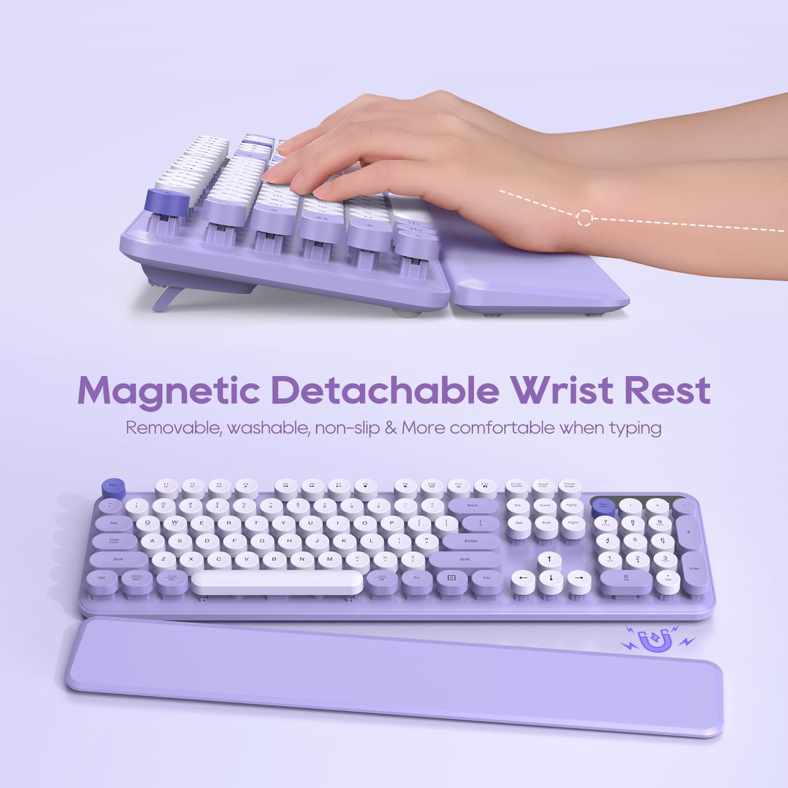 Wireless Keyboard and Mouse Combo, Cute Round Keycaps, Full-Size Retro Typewriter Keyboard with Detachable Wrist Rest, 2.4GHz Cordless Connection for Mac/Windows/PC/Laptop (Purple-Colorful)