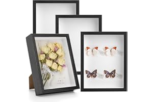 Hacaroa Set of 4 Shadow Box Picture Frame, 8 x 6 Inches Wood Frame Memory Display Case, 1.2 Inch Depth Shadow Boxes for Flowers, Memorabilia, Crafts, Photos, Medals and Tickets, Black