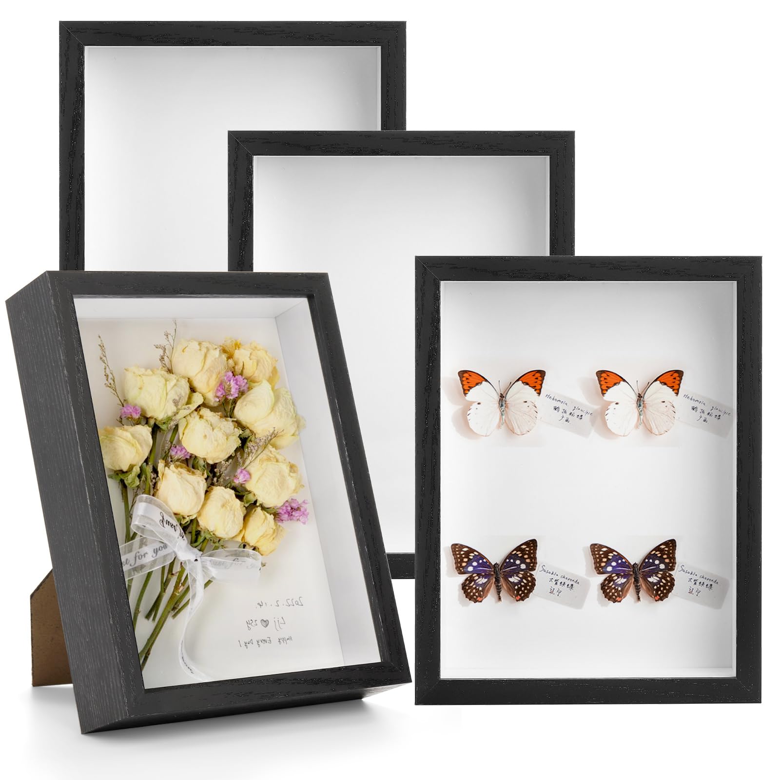 Hacaroa Set of 4 Shadow Box Picture Frame, 22x17 cm Wood Frame Memory Display Case, 3 cm Depth Shadow Boxes for Flowers, Memorabilia, Crafts, Photos, Medals and Tickets, Black