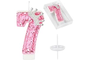 AKURIEEY Birthday Number Candles,Pink Crown Birthday Candles for Cake,Glitter Number 7 Candle Cake Topper with Sequins for Girls,Women, Anniversary Celebrations Supplies (Pink 7)