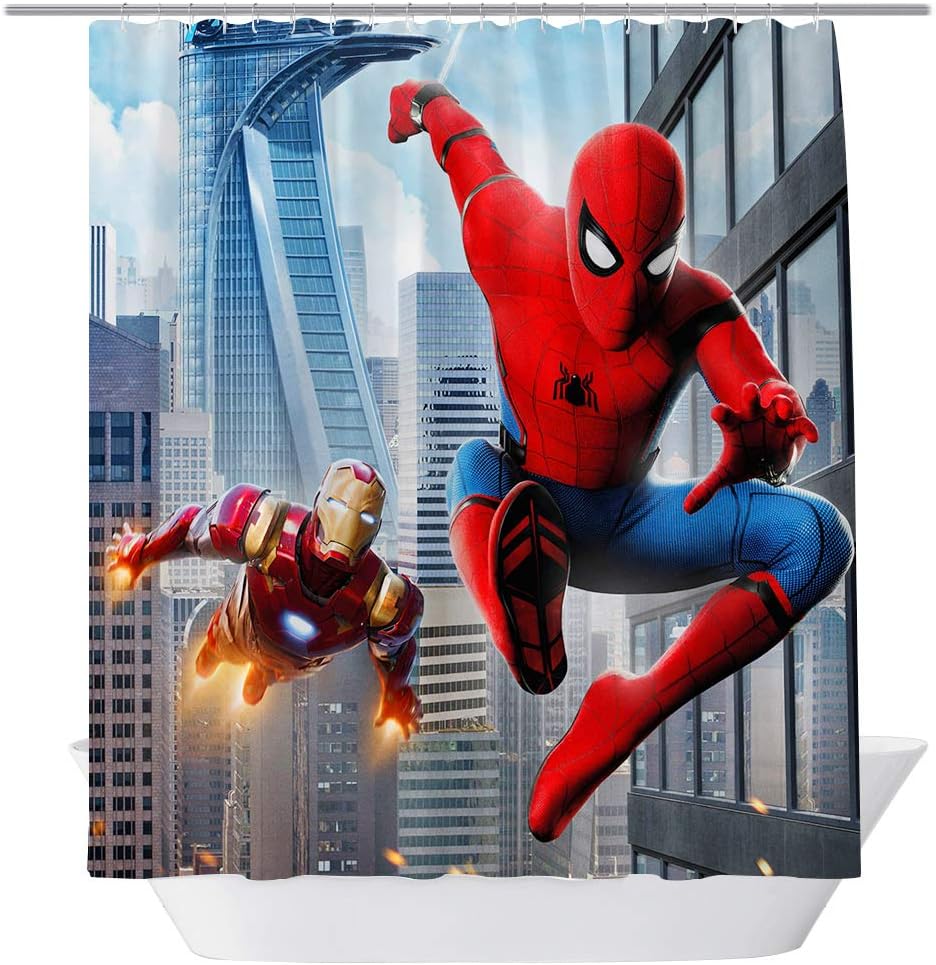 GOODCARE Spiderman and Ironman Shower Curtain Cartoon for Kids Children, Polyester Fabric Bathroom Shower Curtain Including 12 Free Hooks,71x71 Inch, Red Blue
