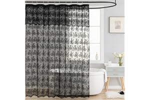 TUDECO Black Lace Shower Curtain with Attach Valance, Dark Gothic Shower Curtain Vintage Floral Sheer Halloween Shower Curtain for Bathroom Victorian Moody Witchy Goth Decor 72 x 72 Inch