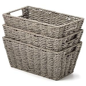 EZOWare Pack of 3 Paper Rope Woven Storage Baskets, Braided Multipurpose Organizer Bins with Handles Perfect for Storing Small Household Items - Gray