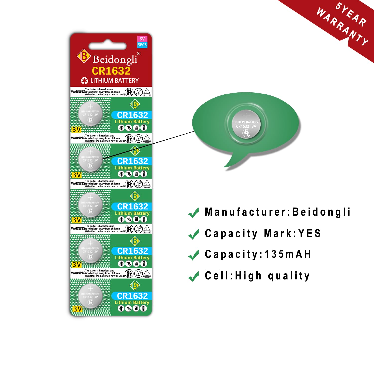 Beidongli CR1632 3 Volt Lithium Coin Cell Battery (10 Batteries)【5-Years Warranty】
