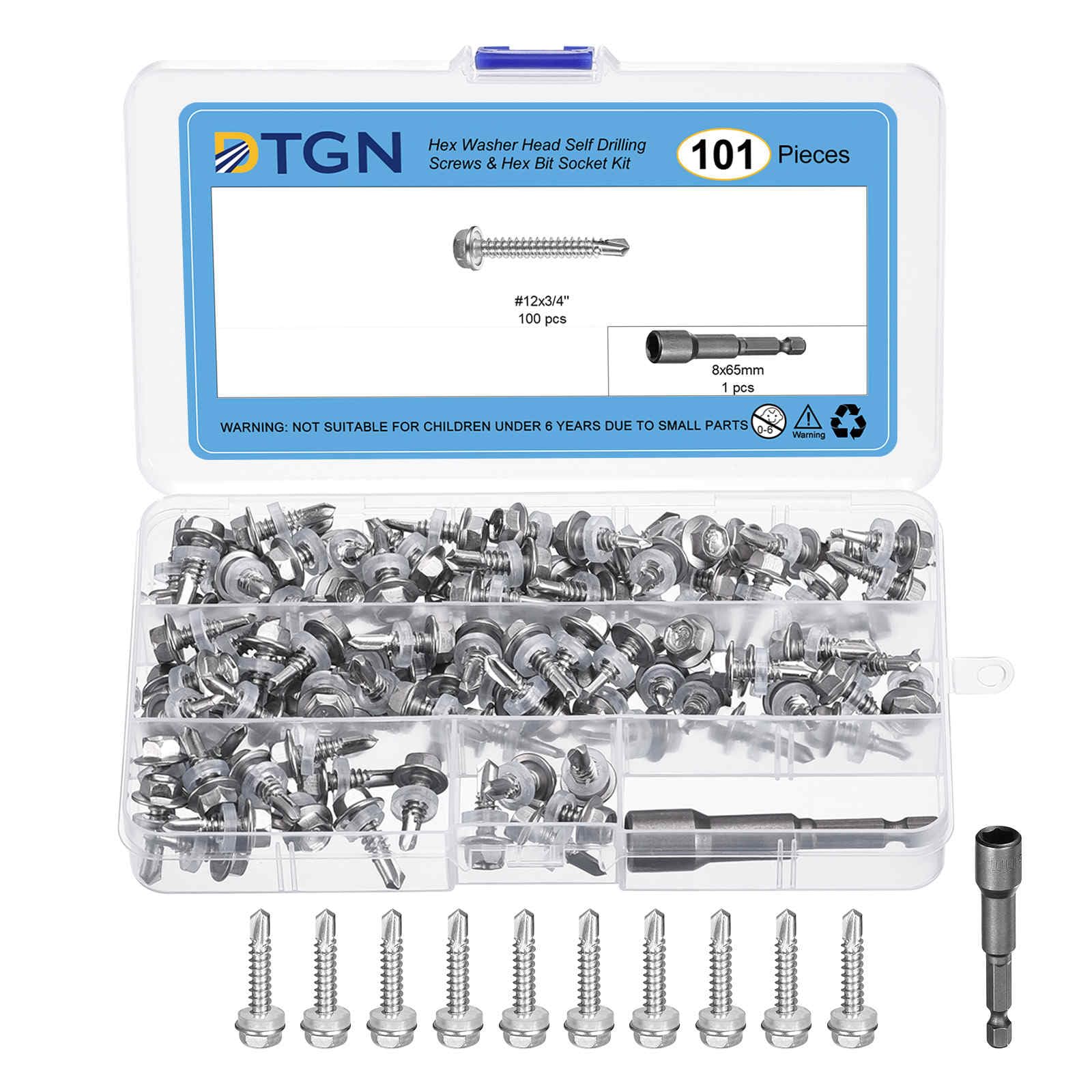 DTGN 100Pcs #12x3/4" Hex Washer Head Self Drilling Screws, 410 Stainless Steel Self Tapping Sheet Metal Screw Set with Washer & Hex Bit Socket