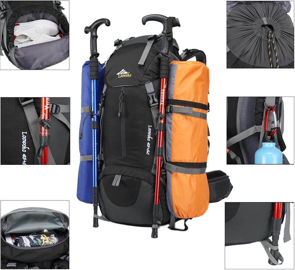 Loowoko Hiking Backpack 50L Travel Daypack Waterproof with Rain Cover for Climbing Camping Mountaineering (Black) : Sports & Outdoors