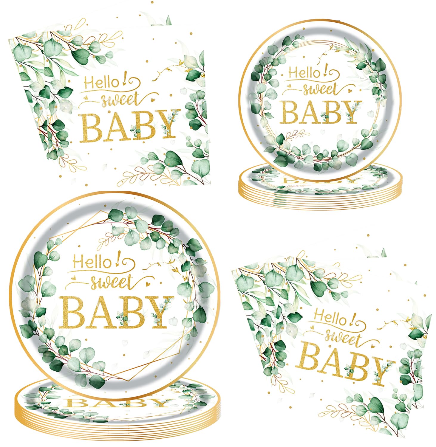 TJSWYADGS Greenery Baby Shower Party Decorations Green Eucalyptus Baby Shower Party Tableware Set Include Sage Green Plates Napkins for Boy Girl Neutral Party