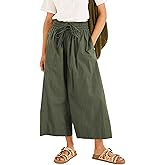 Yeokou Women Casual Wide Leg Pants Summer Cotton High Rise Elastic Waist Cropped Capris Trousers with Pockets