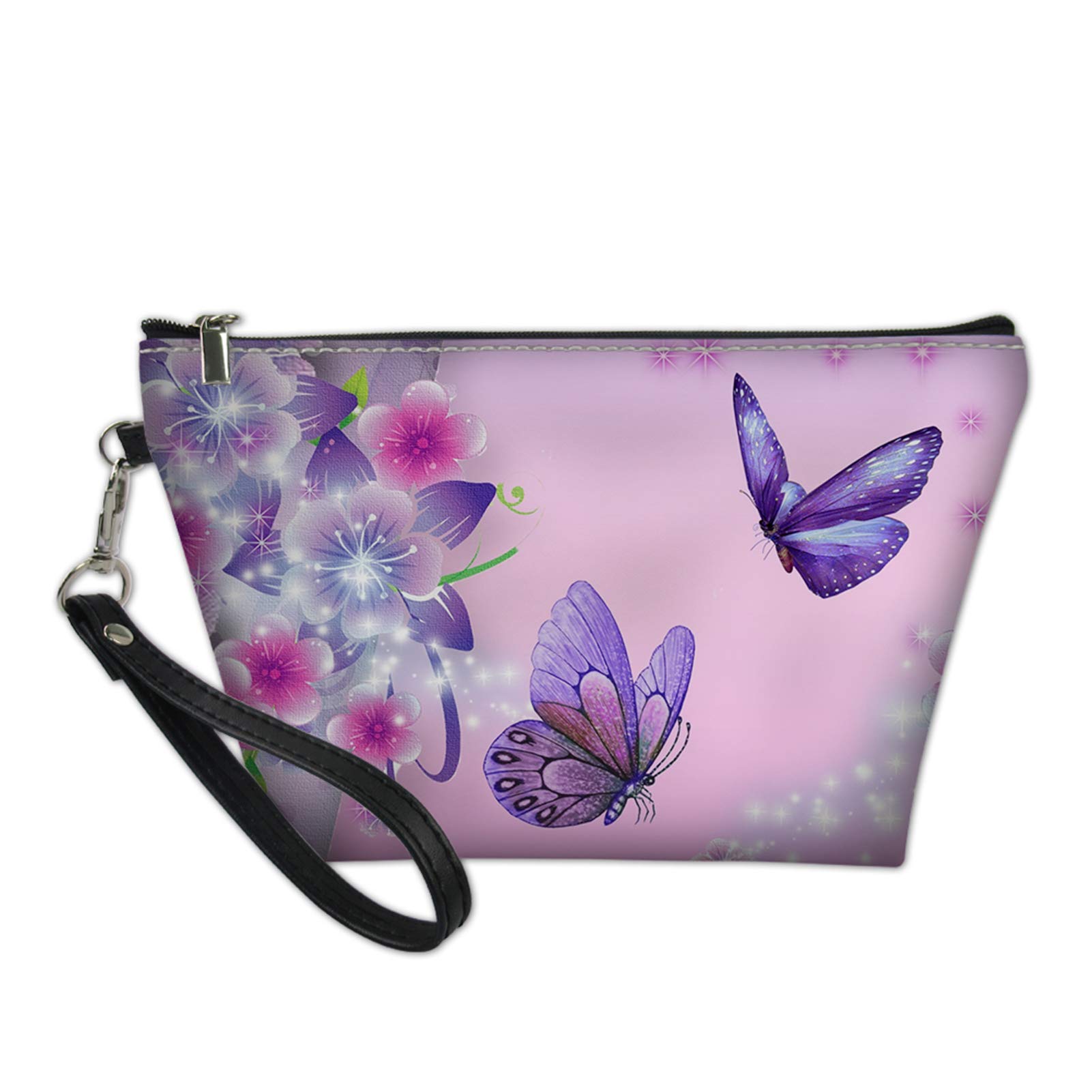 Pizding Women Travel Cosmetic Bag Purple Butterfly Print Organizer Zipper Makeup Bags Pouch Toiletry Black