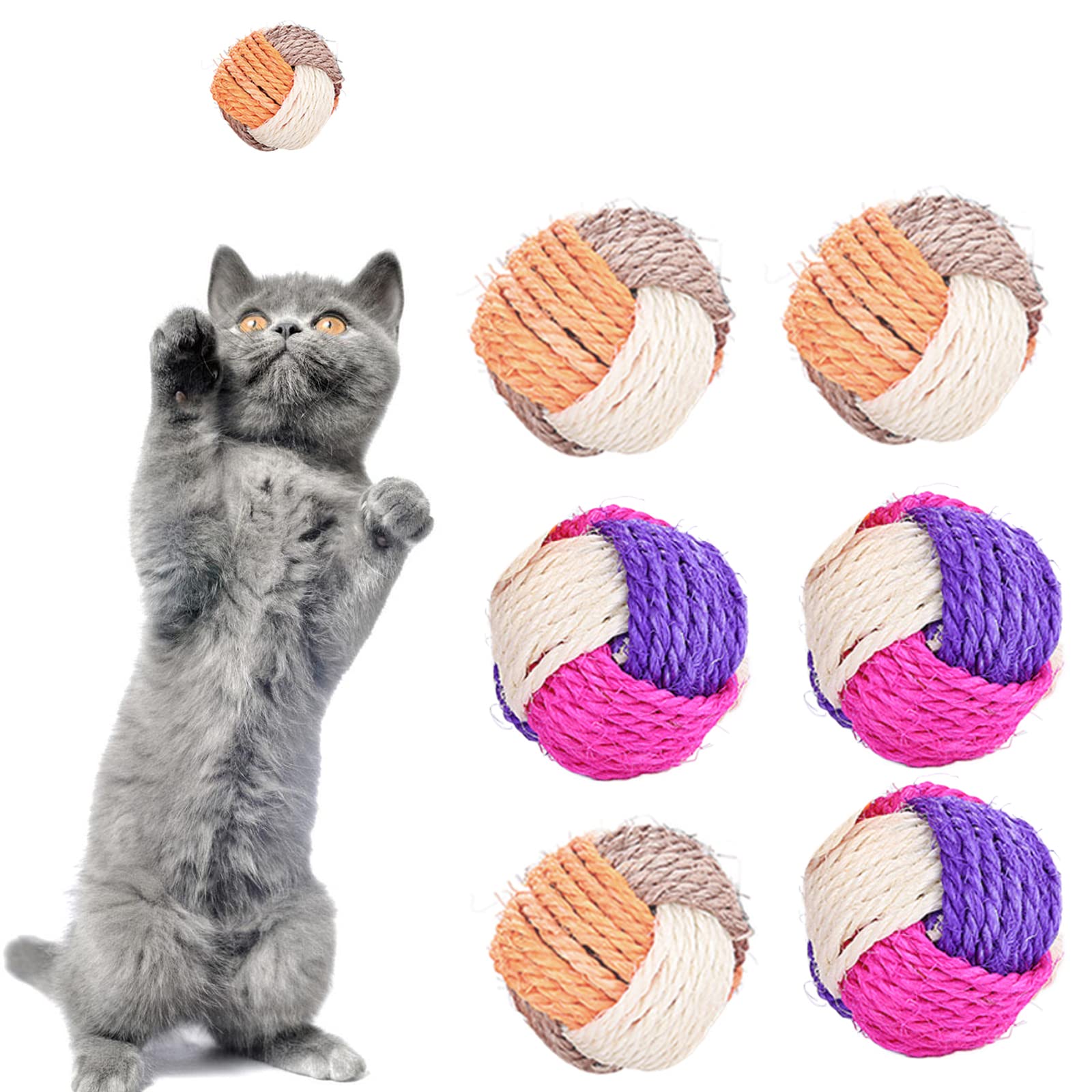 SUNTRADE 6Pcs Cat Toy Sisal Ball Pet Scratching Ball Chew Eco-Friendly Toy Pets Interactive Toy Bite and Wear Resistant(Random Color)