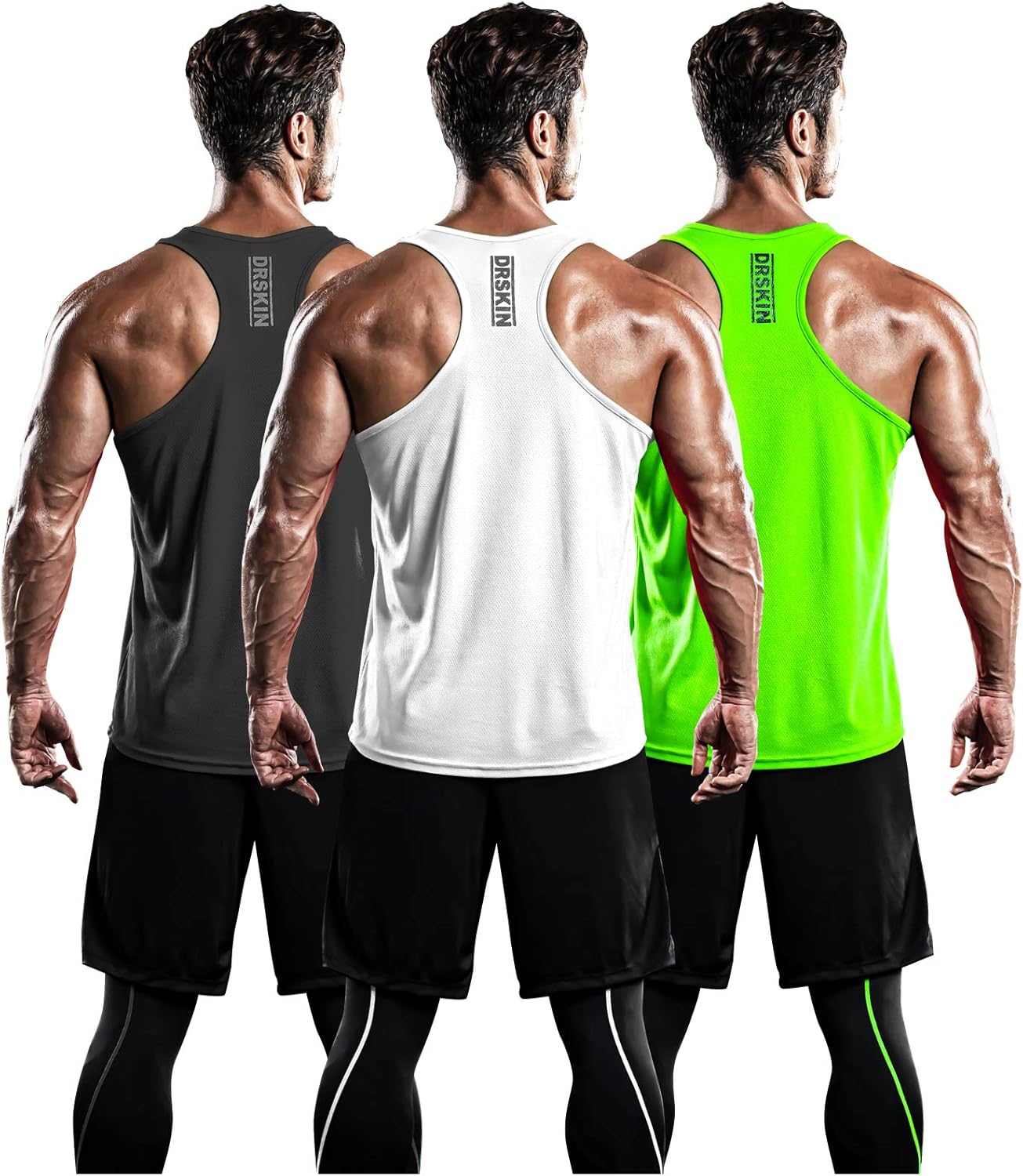 DRSKIN Men's 3 Pack Dry Fit Y-Back Muscle Tank Tops Mesh Sleeveless Gym Bodybuilding Training Athletic Workout Cool Shirts: Clothing