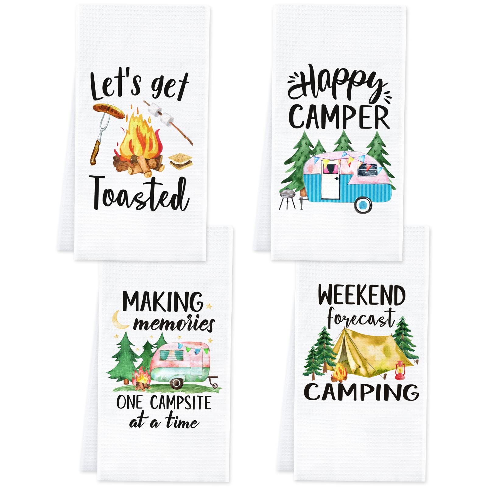 Vansolinne 4 Pack White Camping Kitchen Towels Printed with Funny Quotes Novelty Gift for Campers Camping Accessories RV