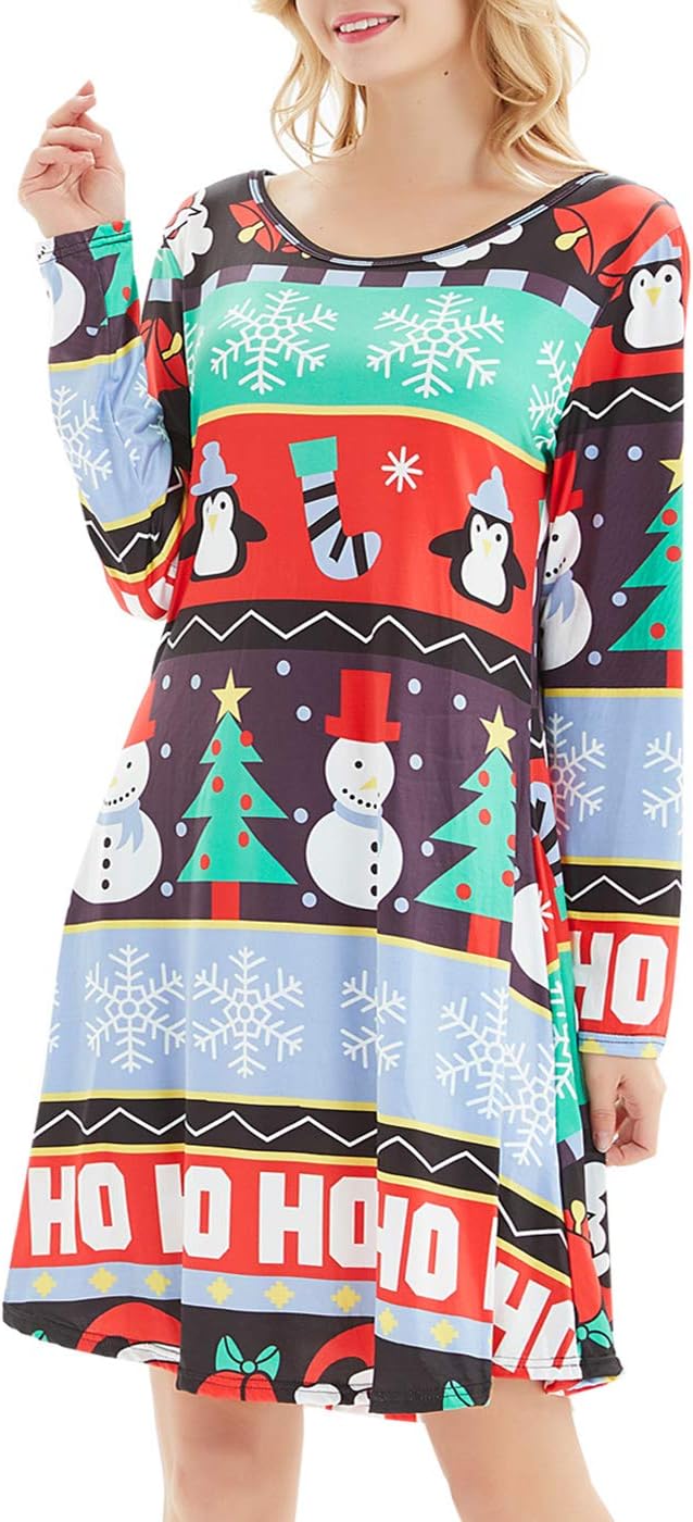 TWKIOUE Women's Christmas Dress Long Sleeve Print Xmas Casual Dress