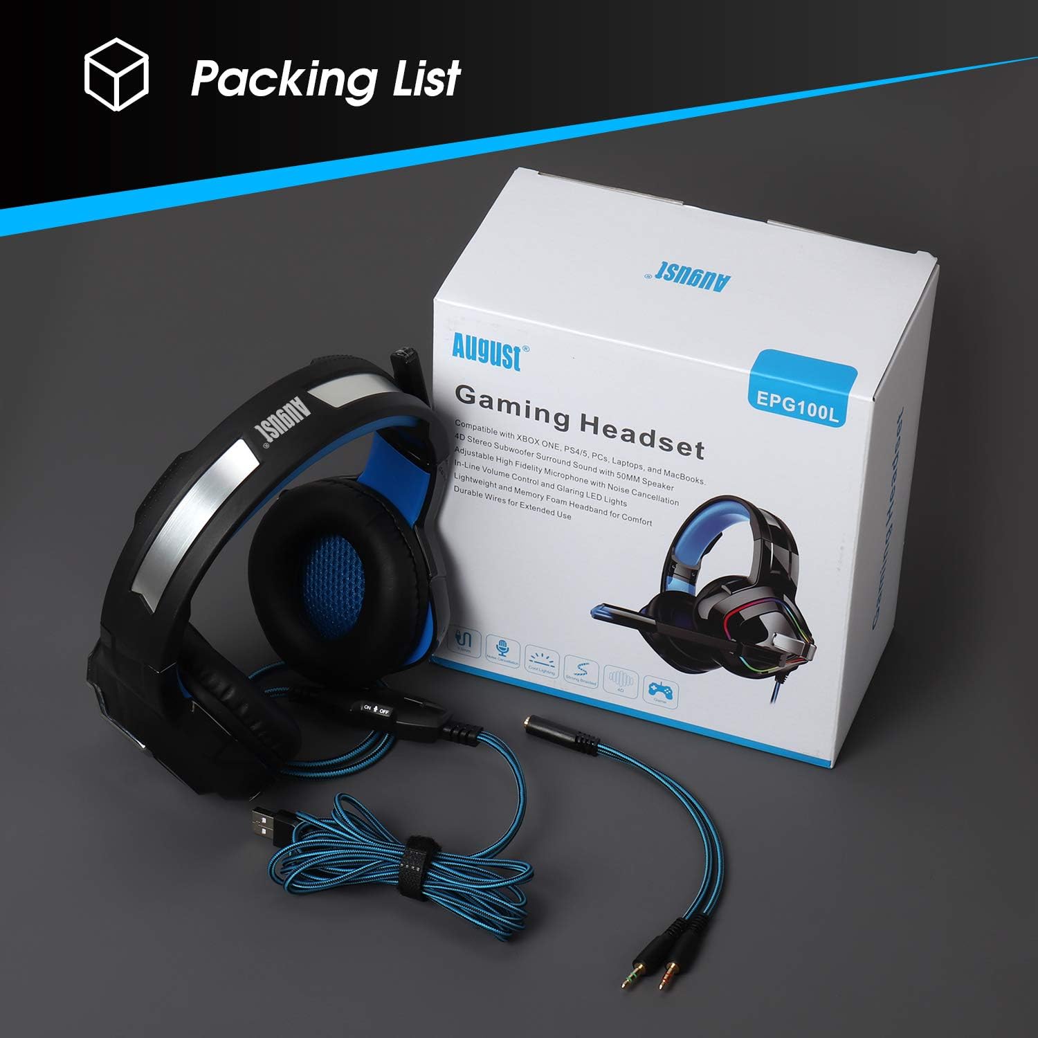 August EPG100L Wired Gaming Headset, 4D Stereo Subwoofer Surround Sound Headphones with Noise-Canceling Mic, 50mm Driver - Image 5