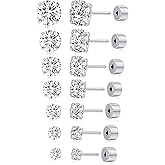 Tornito 7 Pairs 20G Threadless Flat Back Earrings Stud Stainless Steel Round CZ Stud Earrings Set Cartilage Earring Tragus Helix Push in Earring Piercing Jewelry For Men Women 2MM-8MM Silver Tone